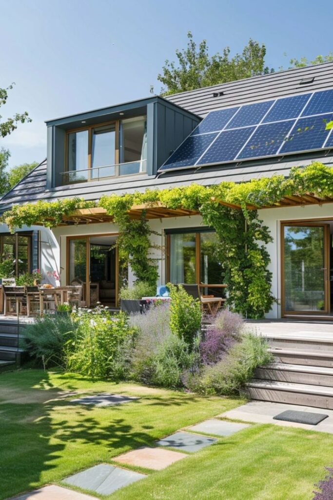Eco-friendly house with solar panels, green garden, and modern patio, promoting sustainable living.