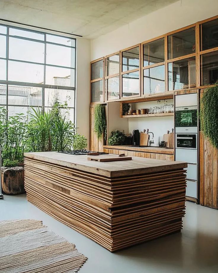 Modern kitchen with wooden island, large windows, and green plants, creating an airy and natural ambiance.