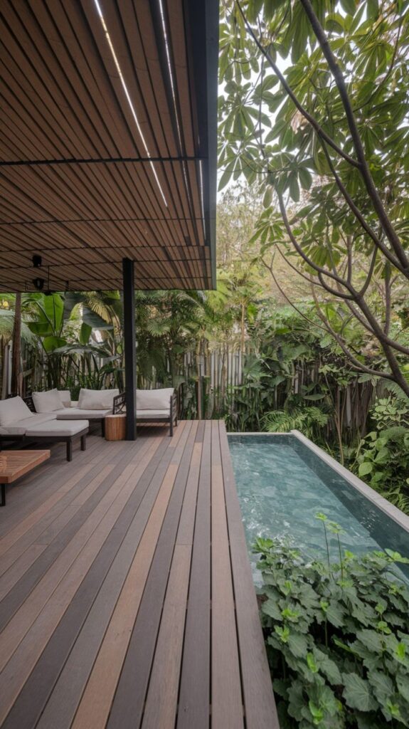 Modern outdoor patio with wooden deck, comfortable seating, and small pool surrounded by lush greenery.