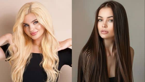 Switch It Up Anytime Hair Extensions Are 2025 Style Secret Blonde and brunette women with long hairstyles and black tops posing against a plain background. | Sky Rye Design Blonde and brunette women with long hairstyles and black tops posing against a plain background.