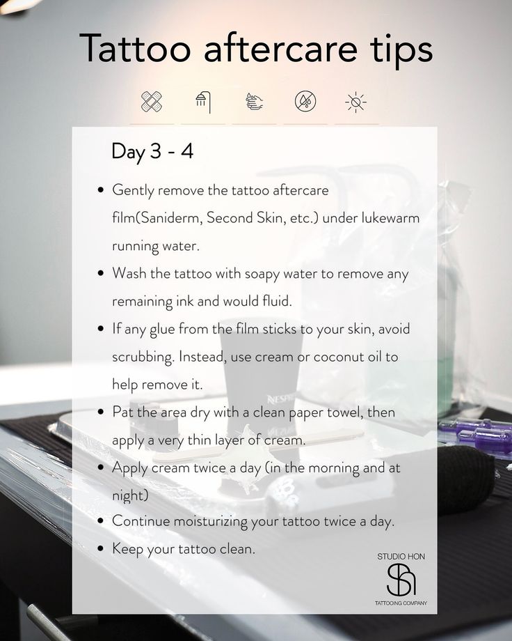 Tattoo aftercare tips for days 3-4: remove film, wash with soap, apply cream twice daily, keep tattoo clean and moisturized.