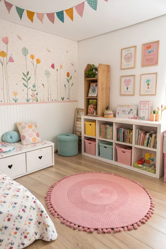 Cozy children's room with floral decor, colorful books, and a pink round rug. Playful and vibrant nursery design.