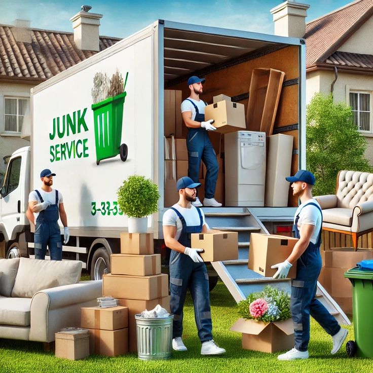 Workers load boxes and appliances into a junk removal truck by a house. Efficient junk service at work.