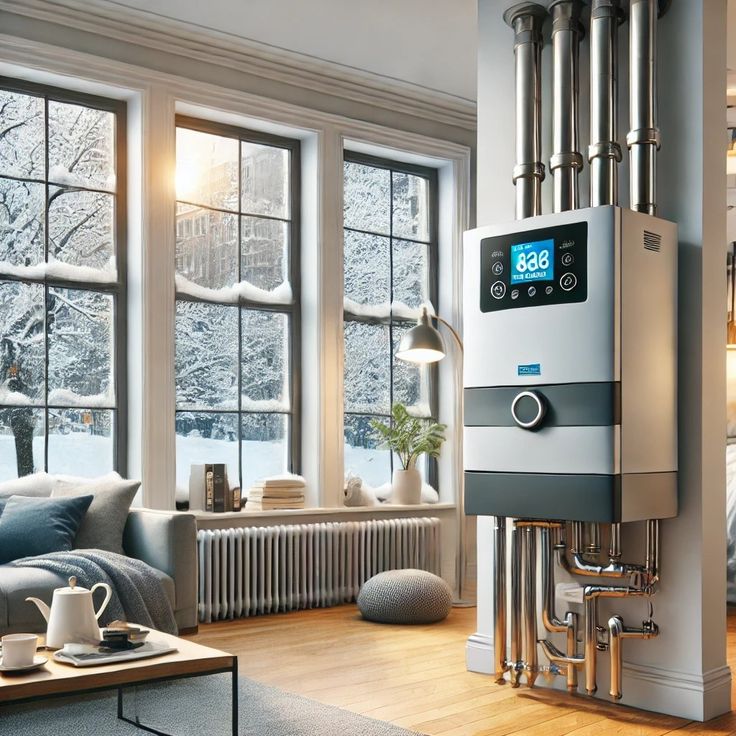 Modern home interior with smart heater by snowy windows, cozy living room setup with cushions and hot drinks.