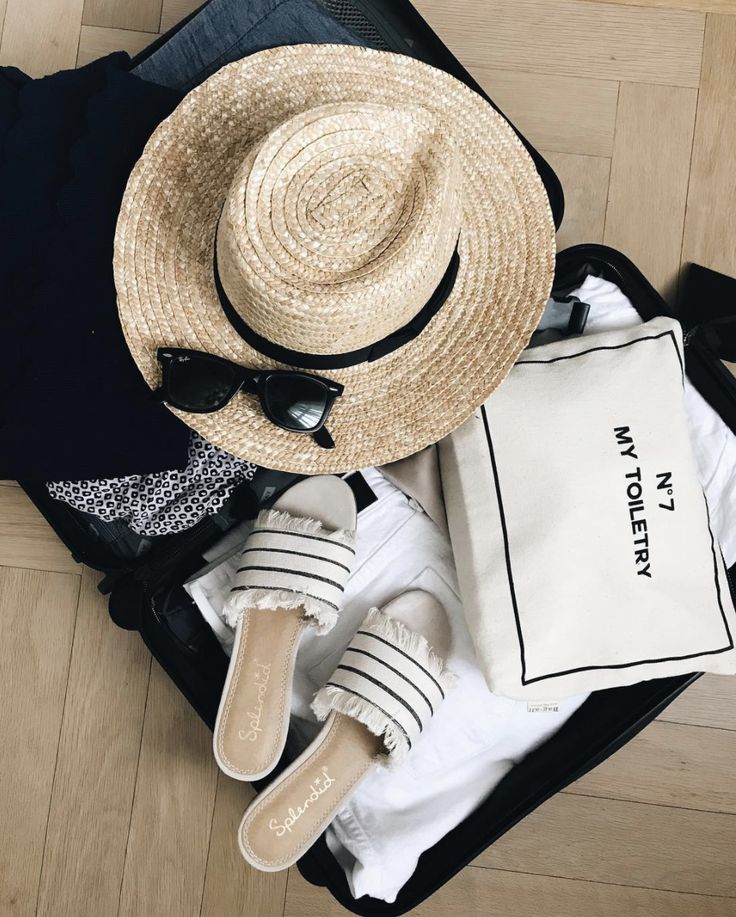 Open suitcase with summer essentials: straw hat, sunglasses, slides, and toiletries pouch on a wooden floor.