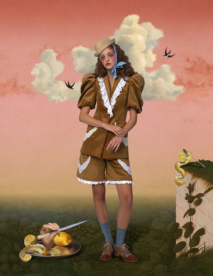 Whimsical scene with a vintage-dressed woman under a surreal sky, lemons being sliced nearby.