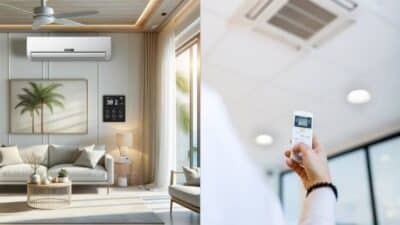 Modern living room with air conditioner on wall and a person adjusting ceiling AC with remote control in an office.