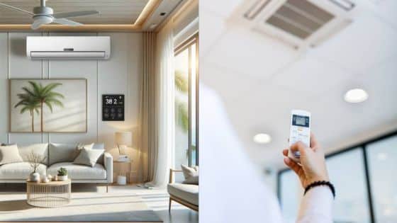 The Complete Guide to Choosing the Right Air Conditioner for Your Home Modern living room with air conditioner on wall and a person adjusting ceiling AC with remote control in an office. | Sky Rye Design Modern living room with air conditioner on wall and a person adjusting ceiling AC with remote control in an office.