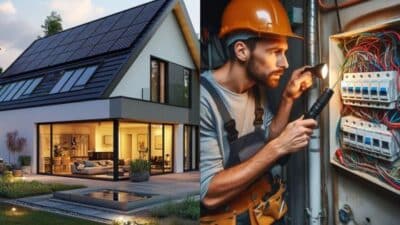 Modern house with solar panels and electrician inspecting circuit panel; sustainable energy solutions.