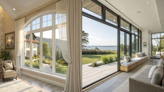 The Importance Of Window Energy Ratings During Home Upgrades Elegant living room with large windows showcasing scenic outdoor views of garden and water. | Sky Rye Design Elegant living room with large windows showcasing scenic outdoor views of garden and water.