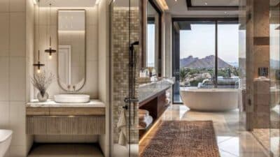 Luxury bathroom with modern decor, elegant fixtures, and a scenic mountain view through large glass windows.