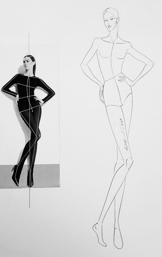 Fashion model in black outfit with outlined design sketch on white background.