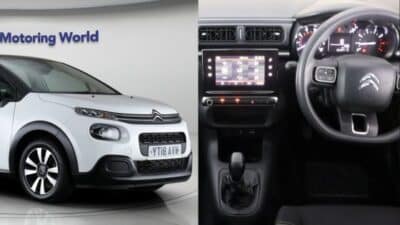 White Citroën car exterior and interior view with modern dashboard at showroom.