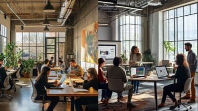 Open-office workspace with diverse team collaborating on laptops and a presentation screen, modern and bright environment.