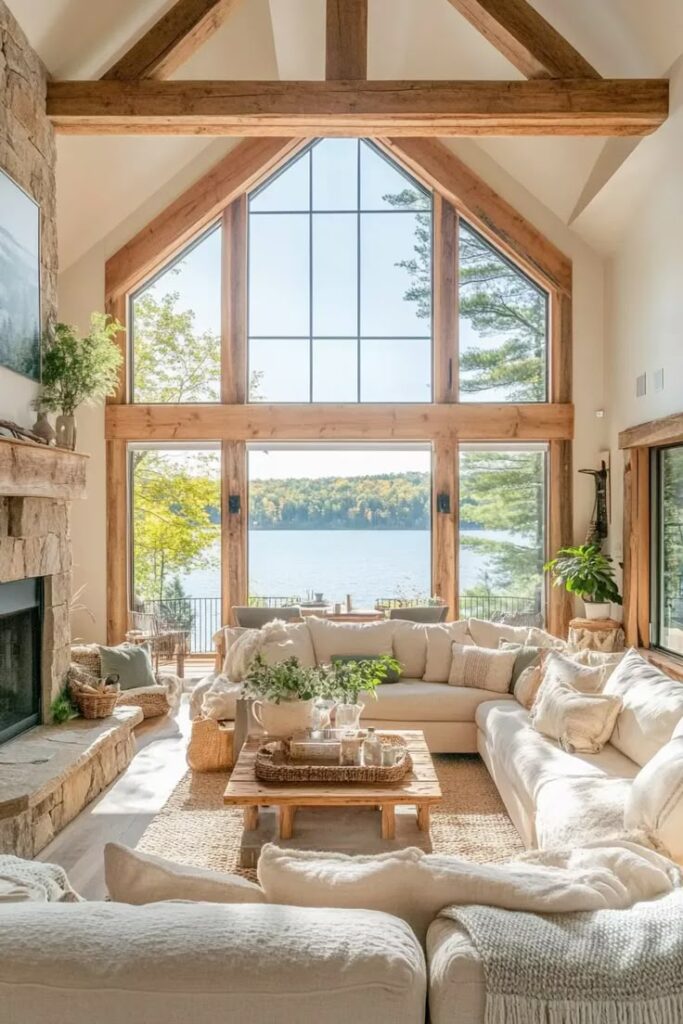 Bright rustic living room with large windows, cozy sofas, and lake view. Wood beams and stone fireplace add charm.