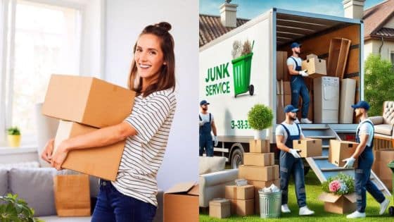 The Ultimate Guide to Junk Removal in Brooklyn for Homeowners Smiling woman carrying boxes; junk removal service team loading truck with boxes and furniture. | Sky Rye Design Smiling woman carrying boxes; junk removal service team loading truck with boxes and furniture.