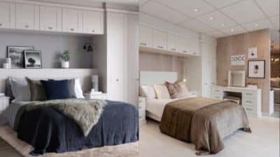 Modern bedroom designs with cozy bedding, sleek storage, and elegant lighting. Neutral tones for a serene atmosphere.