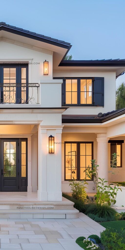 Modern two-story house with large windows, welcoming porch, and elegant exterior lighting at twilight.