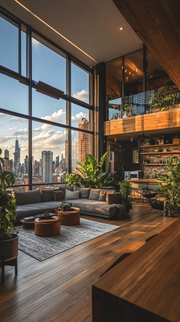 The image captures a stunningly designed high-rise Luxurious loft interior with large windows, city skyline, plants, and cozy seating area at sunset. | Sky Rye Design Luxurious loft interior with large windows, city skyline, plants, and cozy seating area at sunset.