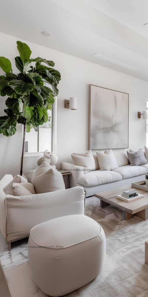 Modern living room with white sofa, large painting, and indoor plant, creating a cozy and elegant atmosphere.