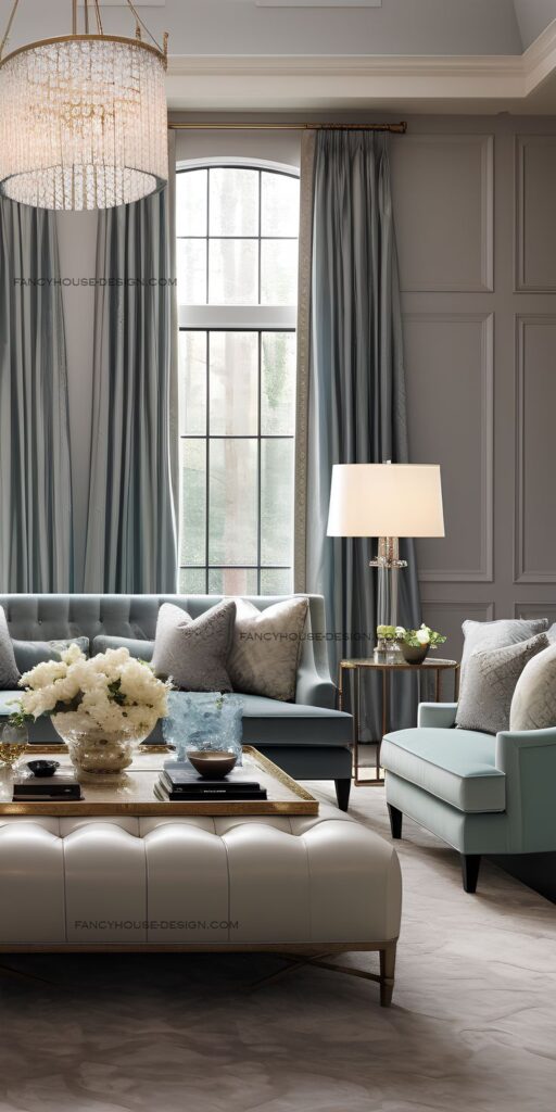 Elegant living room with large window, blue-gray sofas, chic decor, and a modern chandelier.