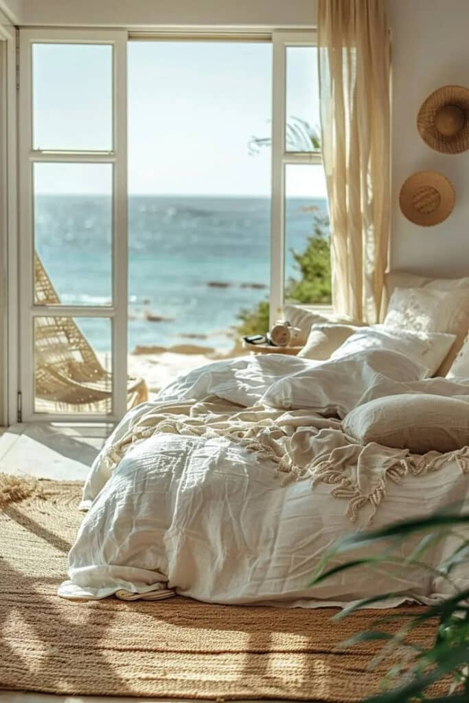 Cozy bedroom with ocean view, sunlit bed, and natural decor for a relaxing seaside retreat.
