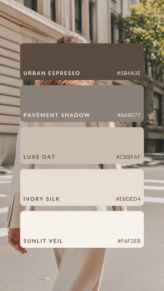 Neutral color palette with shades named Urban Espresso, Pavement Shadow, Luxe Oat, Ivory Silk, Sunlit Veil.