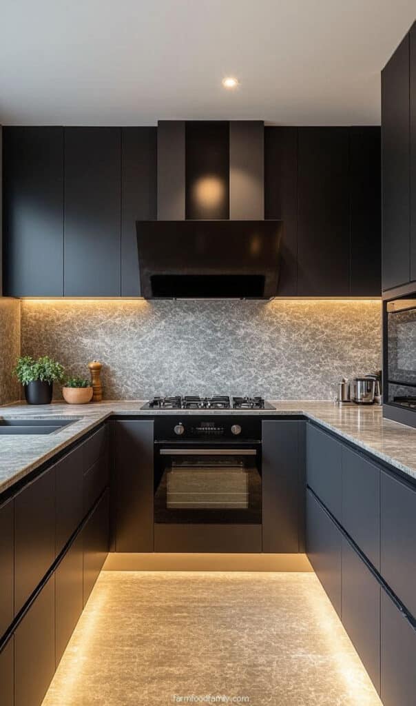 Sleek modern kitchen with black cabinets, marble countertops, and under-cabinet lighting. Ideal for stylish culinary spaces.