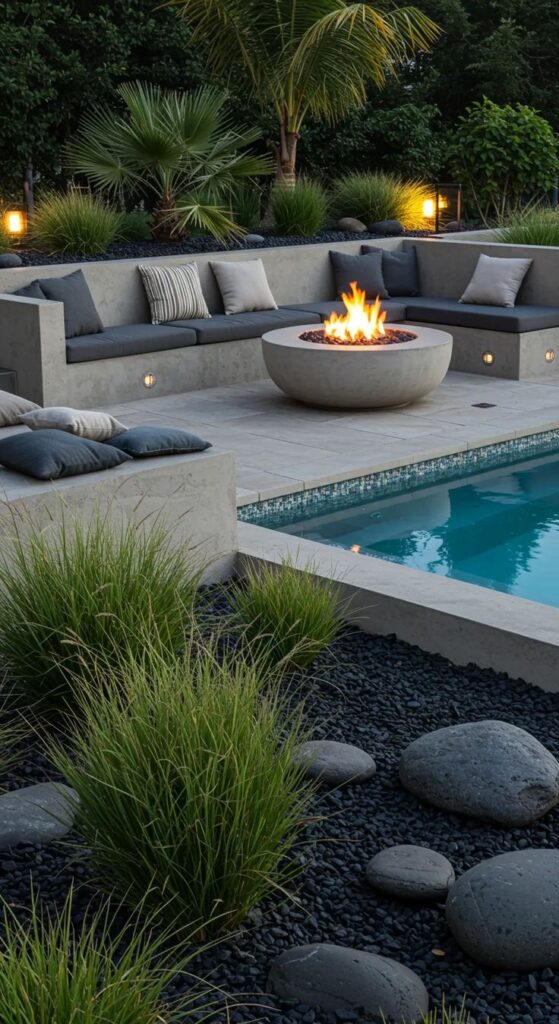 Modern outdoor patio with cozy seating, fire pit, lush greenery, and a swimming pool at dusk.