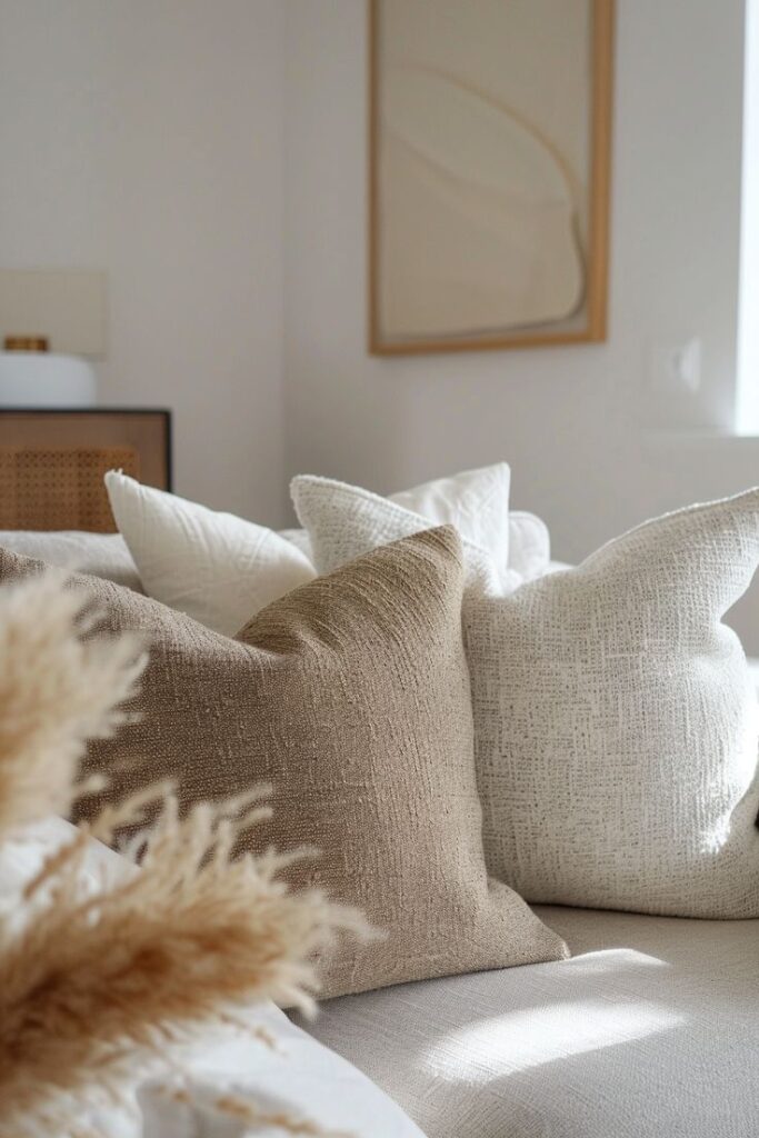 Cozy beige and white textured pillows on a sofa in a minimalist living room setting.