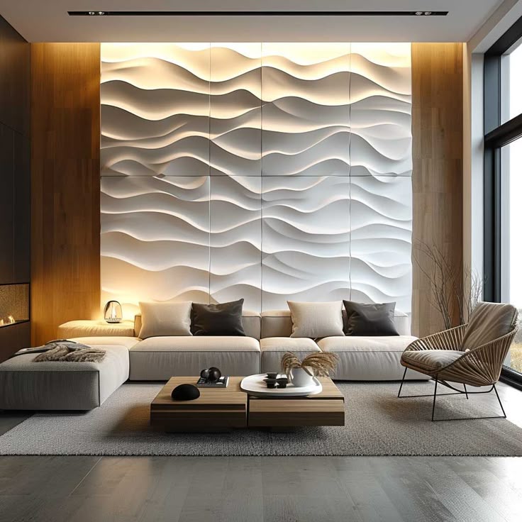 Top 3 PVC Panel Designs for Stylish Walls 333k+ Inspiring Lifestyle Ideas Modern living room with wave-patterned wall, cozy sofa, wooden accents, and large windows for natural light. | Sky Rye Design Modern living room with wave-patterned wall, cozy sofa, wooden accents, and large windows for natural light.
