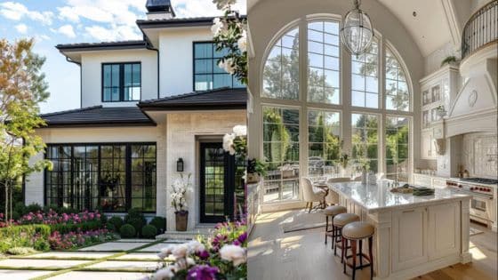Top Design Considerations for Homes Modern two-story house exterior and bright kitchen interior with large windows and garden views. | Sky Rye Design Modern two-story house exterior and bright kitchen interior with large windows and garden views.