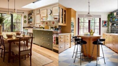 Two stylish kitchens, featuring wooden dining tables, colorful cabinets, and bright natural light through large windows.