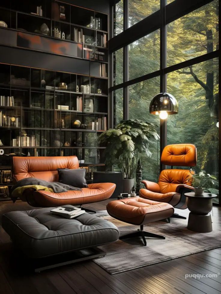 Modern living room with orange leather chairs, large windows, and bookshelves, overlooking a lush green forest.