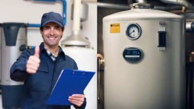 Technician with clipboard gives thumbs up, standing by water heater in utility room.