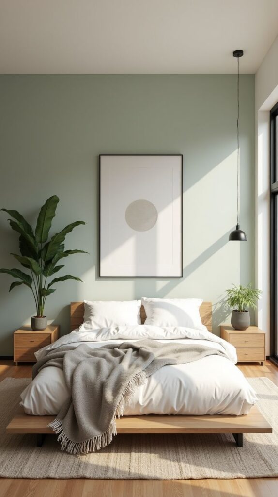 Modern bedroom with green accents, wooden bed, cozy blanket, plants, and stylish decor. Bright and calming space.