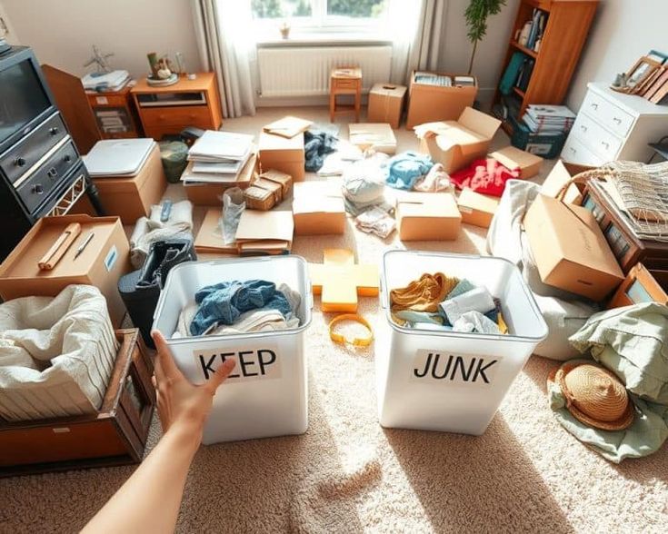 Organized room with storage bins labeled 'Keep' and 'Junk,' surrounded by boxes and clutter near a sunny window.