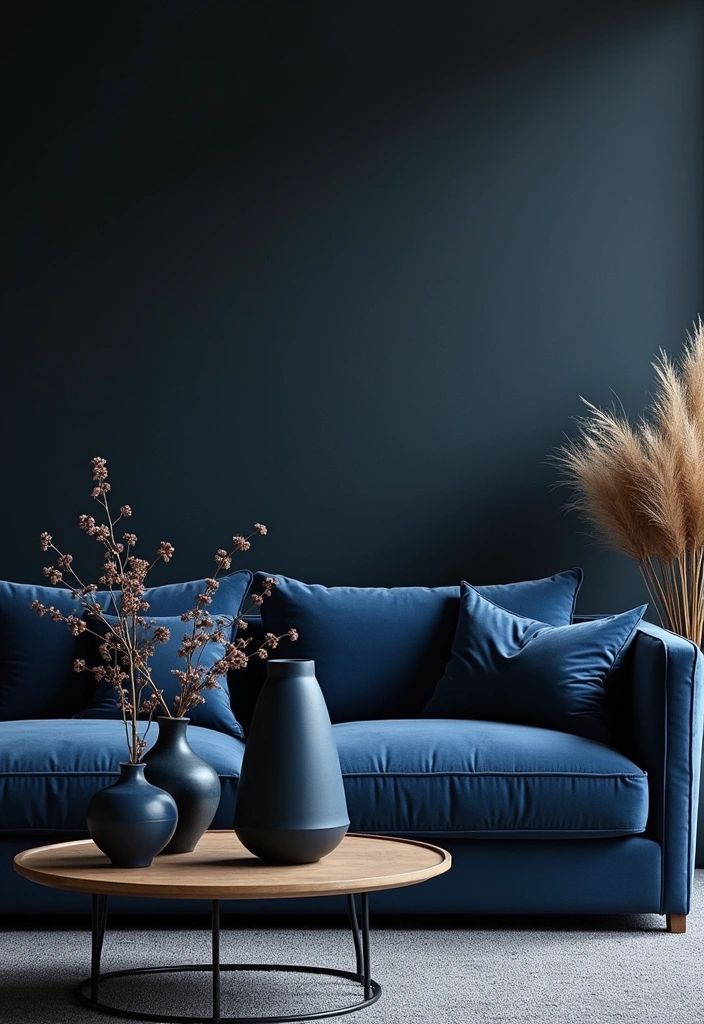 Stylish living room with blue sofa, dark vases, and plants on a wooden coffee table against a dark wall.