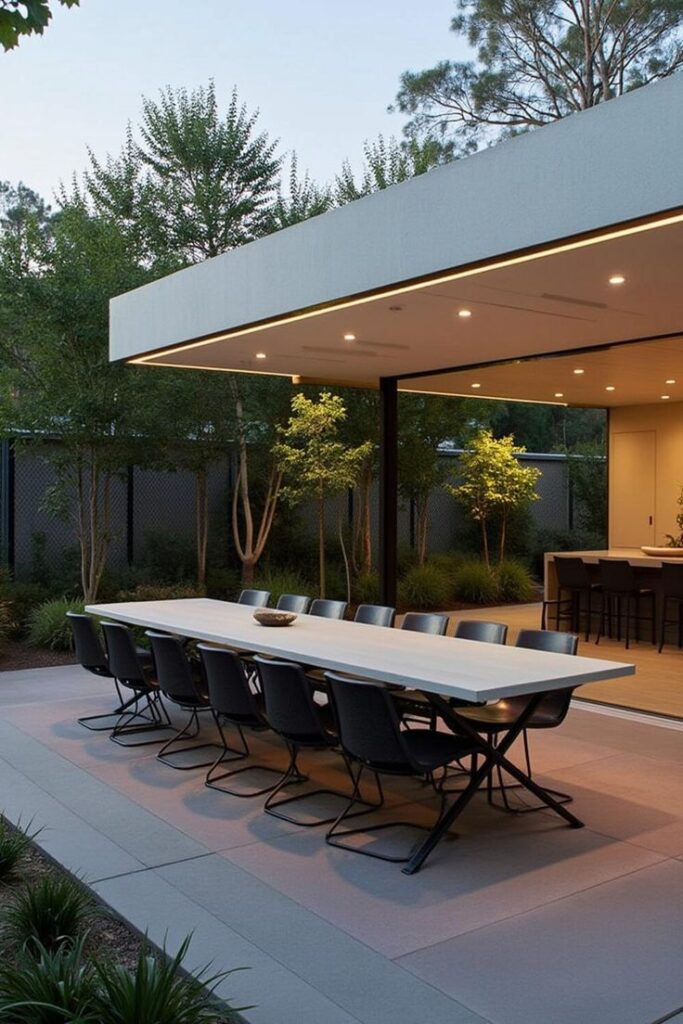 Modern outdoor dining area with a long table, chairs, and covered patio in a tranquil garden setting.