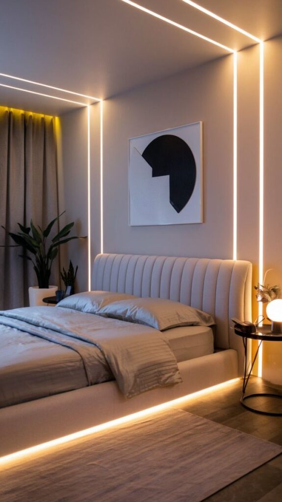 Modern bedroom with LED lighting, abstract art, beige bedding, and a cozy atmosphere.