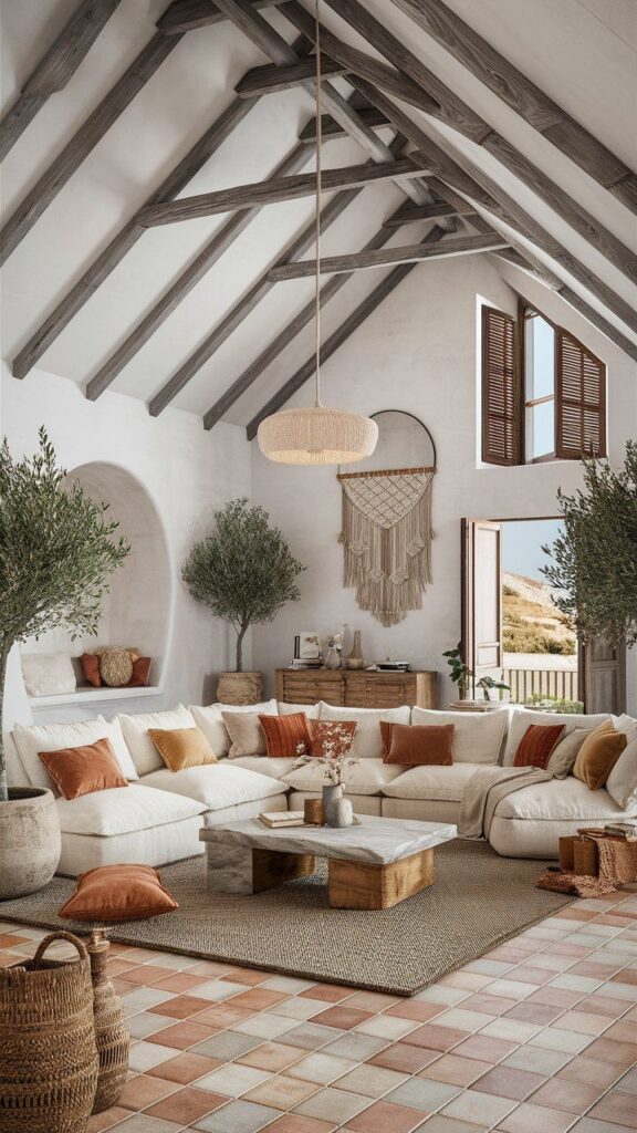 Spacious living room with high ceilings, cozy sectional sofa, earthy tones, and rustic decor elements.
