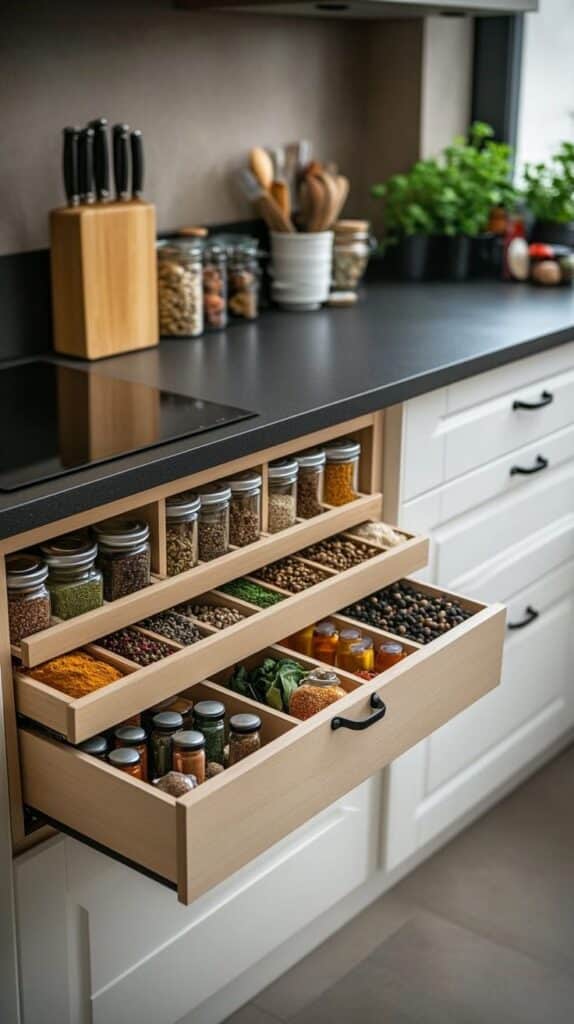 Organized kitchen drawer with various spices and herbs in jars for easy access and cooking efficiency.
