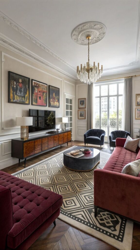 Elegant living room with chandelier, vintage furniture, patterned rug, and large windows providing ample natural light.