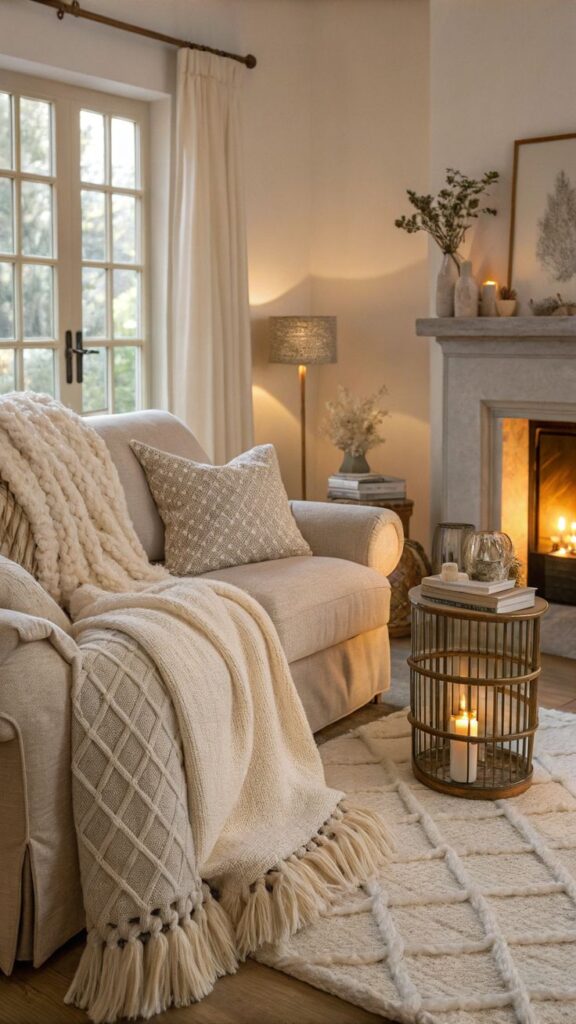 Cozy living room with beige sofa, textured blanket, glowing fireplace, and soft lighting for a warm ambiance.