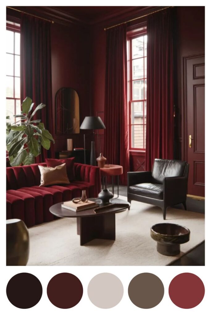 Elegant living room with deep red accents, velvet sofa, and leather chair. Large windows add light to the rich decor.
