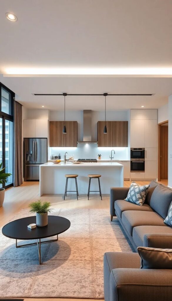 Modern open-plan kitchen and living area with sleek design, featuring pendant lights, wooden cabinets, and grey sofa.