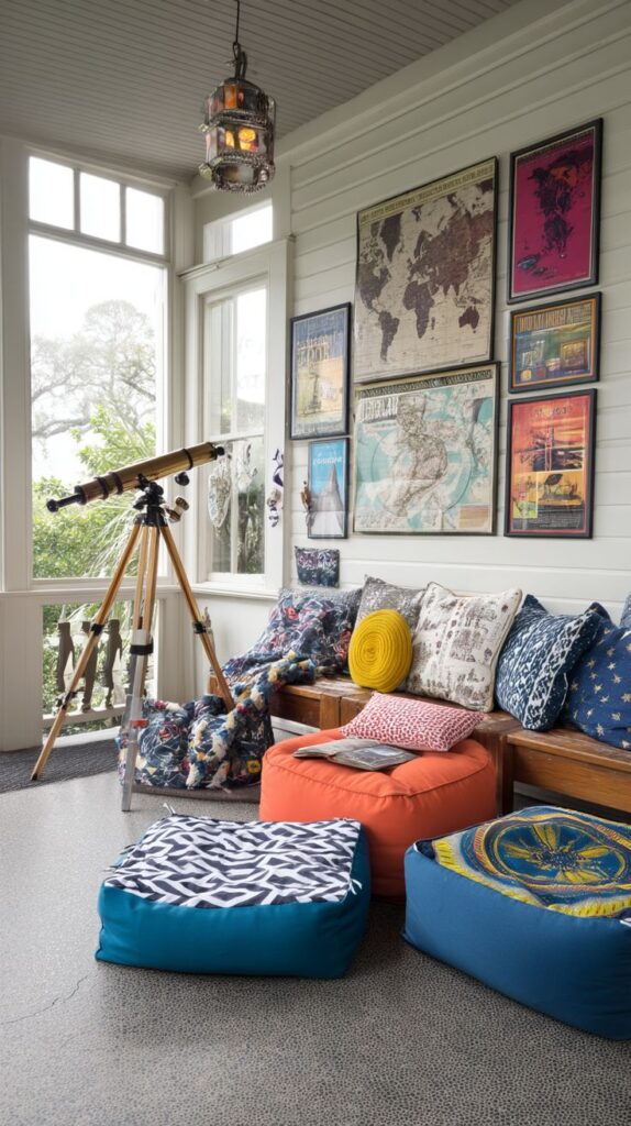 Cozy sunroom with telescope, colorful cushions, and wall maps, perfect for reading or star-gazing relaxation.