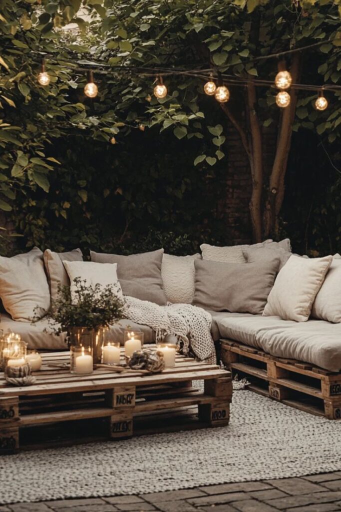 Cozy outdoor seating area with string lights, candles, and cushions on a pallet sofa under leafy trees.