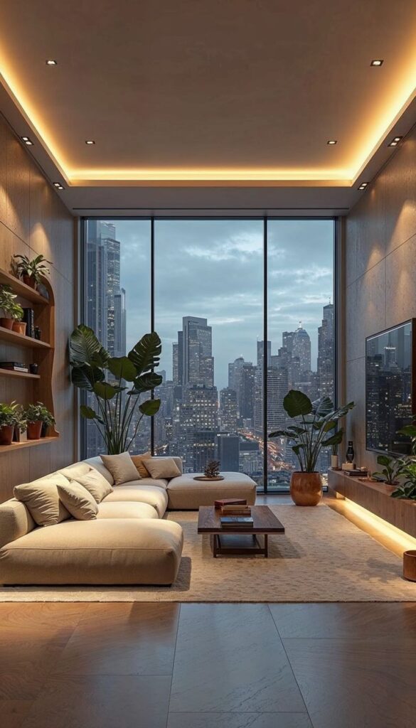 Modern living room with city view, cozy beige sectional sofa, large windows, plants, and warm lighting.