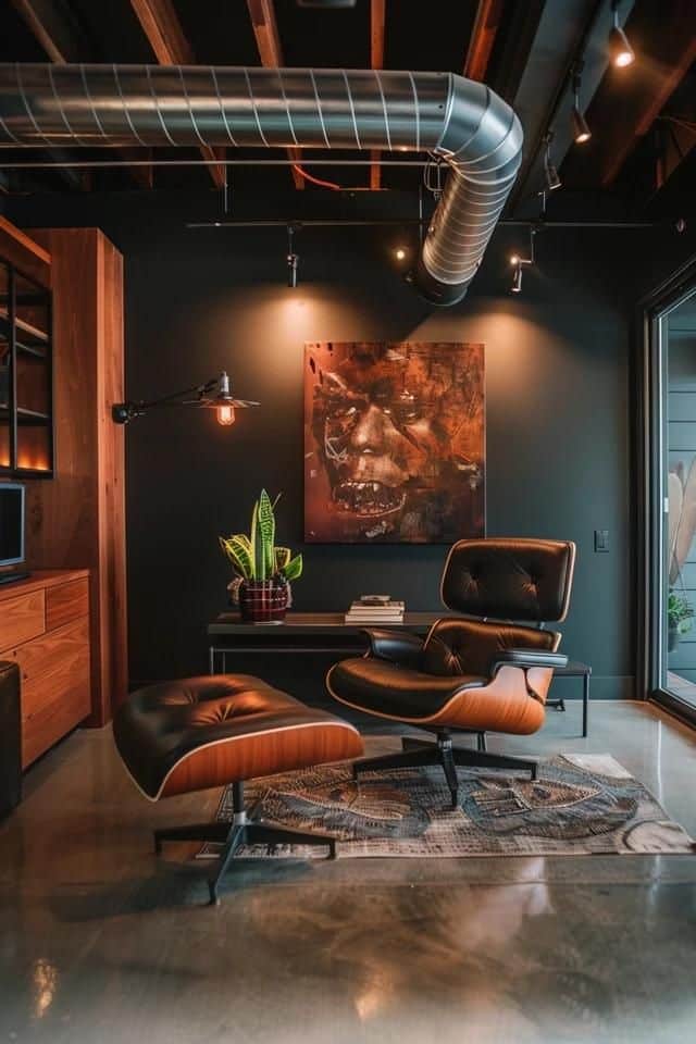 Modern industrial living room with leather lounge chair, artwork, plants, and exposed ductwork creating a stylish ambiance.